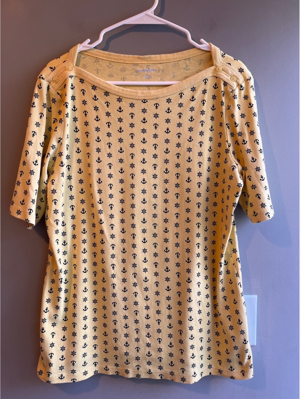 Kim Rogers Nautical Anchor & Helm Print Boatneck Shoulder Button Top